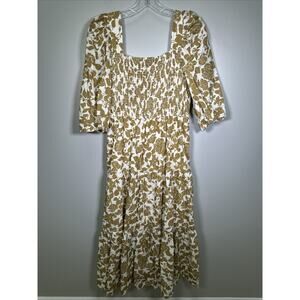 Moon‎ River Midi Dress M Puff Sleeve Brown Floral Tired Smocked Cottagecore